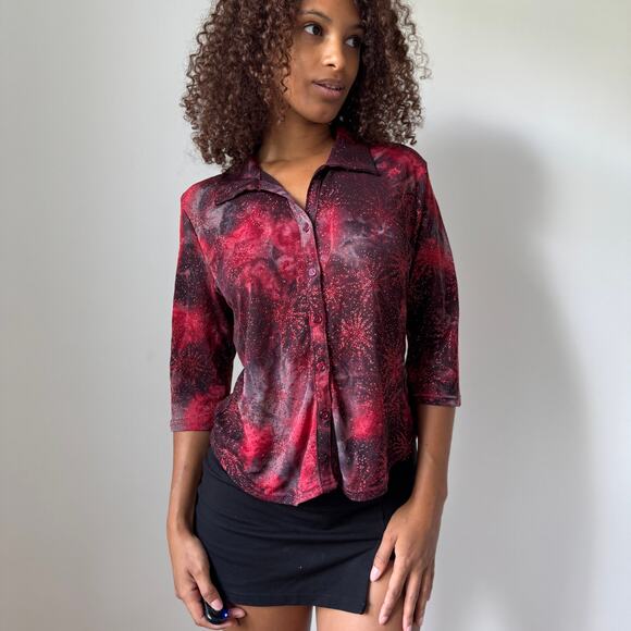 Vintage Pimkie Red Galaxy Satin Blouse (S/M) - Picture 5 of 9